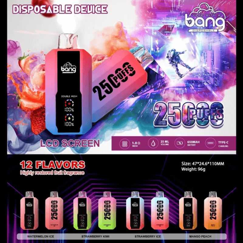 luxevapehouse.com Bang 25K(25000) Puffs LCD Display 30ml E-liquid 650 mAh Battery 0% 2% 3% 5% NicotineDisposable Vape