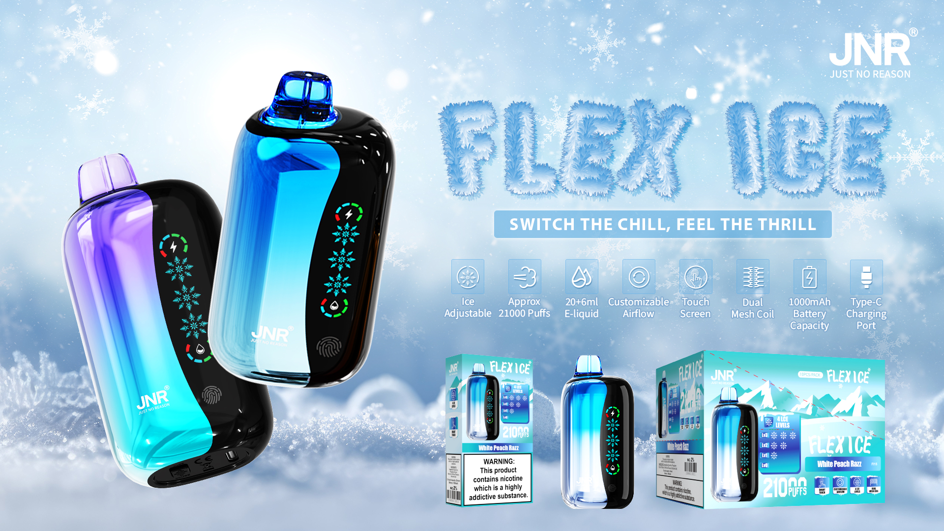 luxevapehouse.com JNR FLEX ICE 21K(21000) Puffs 0% 2% 5% Nicotine 26ml E-liquid 1000mAh Rechargeable Battery LED Display Disposable Vape