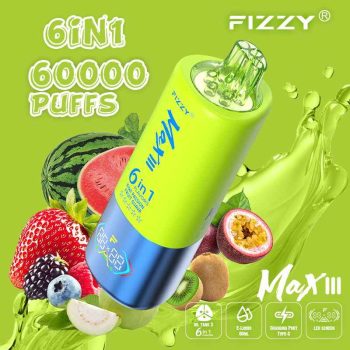 Fizzy Max III 6in1 60K 60000 Puffs Rechargeable Disposable Vape – Mixed Berry & Kiwi Passion Fruit Guava & Strawberry Watermelon – 10pcs