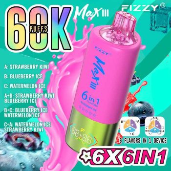 Fizzy Max III 6in1 60K 60000 Puffs Rechargeable Disposable Vape – Strawberry Kiwi & Blueberry Ice & Watermelon Ice – 10pcs