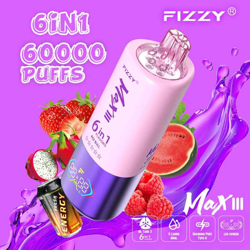 luxevapehouse.com Fizzy Max III 6in1 60K 60000 Puffs Rechargeable Disposable Vape – Strawberry Dragon Fruit & Red Bull & Raspberry Watermelon – 10pcs