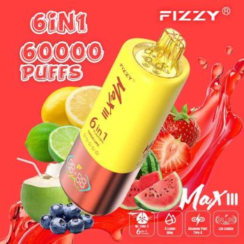 Fizzy Max III 6in1 60K 60000 Puffs Rechargeable Disposable Vape – Strawberry Watermelon & Lemon Lime & Blueberry Coconut – 10pcs